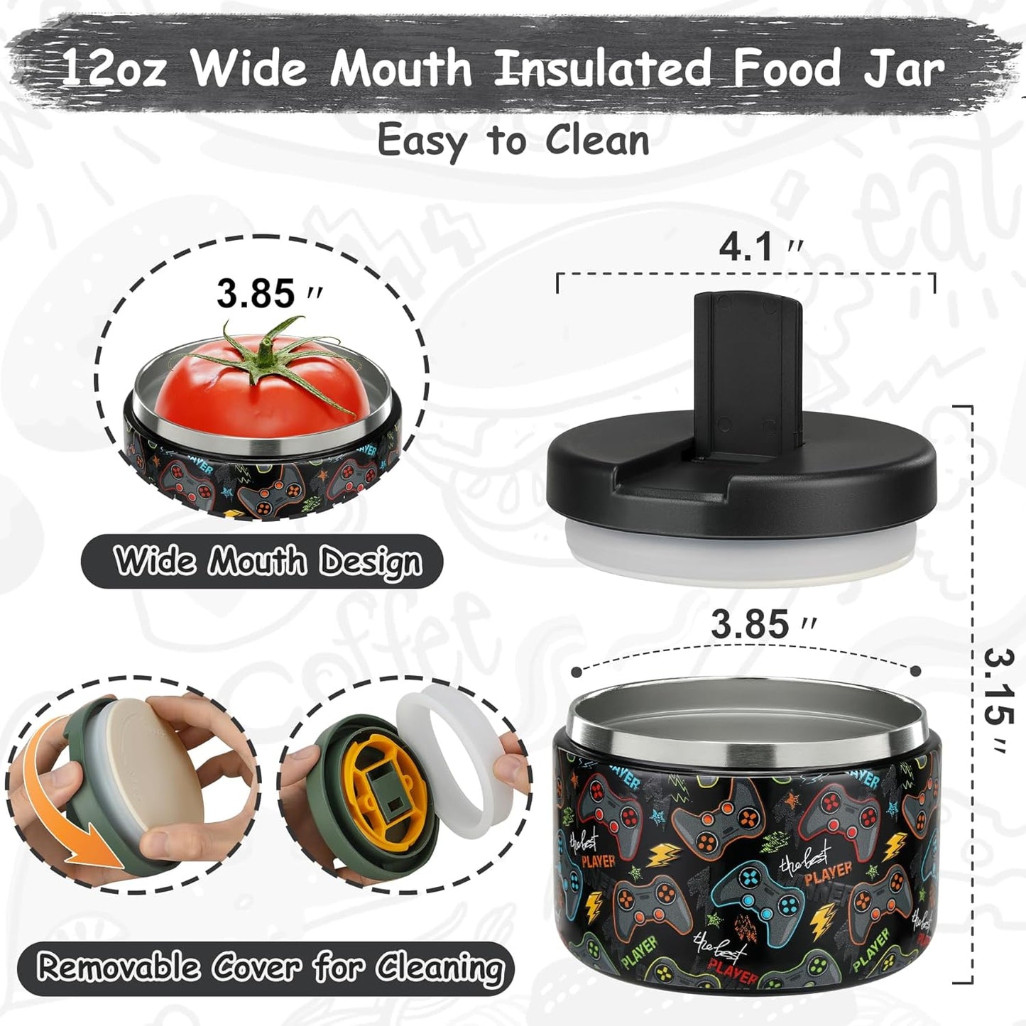 12oz Insulated Vacuum Food Jar with Buckle Lid Wide Mouth Soup Thermo for Hot Food Kids Leakproof Stainless Steel Lunch Container (Black-Game)