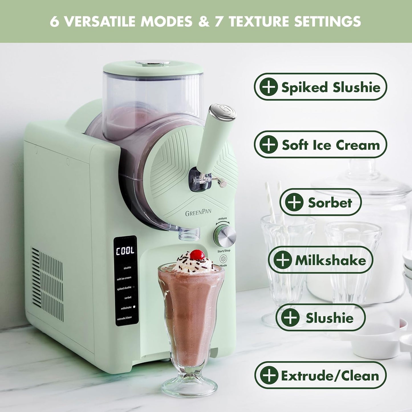 GreenPan Frost Ice Cream Machine & Frozen Drink Maker, Soft Serve, Slushie, Sorbet, Milkshakes & Cocktails, No Freezer Needed, 7 Textures, Quiet & Rapid, Easy Clean, Family Size, Pistachio Sage