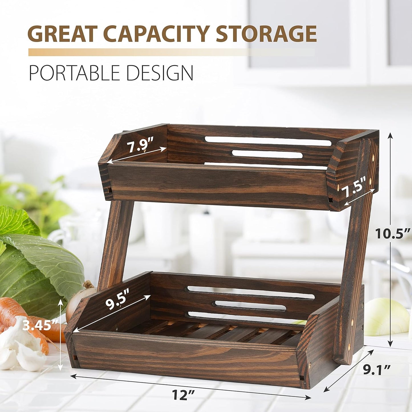 Large Capacity 2-Tier Wooden Fruit Basket, Durable Acacia Wood, 10.5" Tall, Spacious for Produce, Vegetables, Bread Storage and Home Kitchen Countertop
