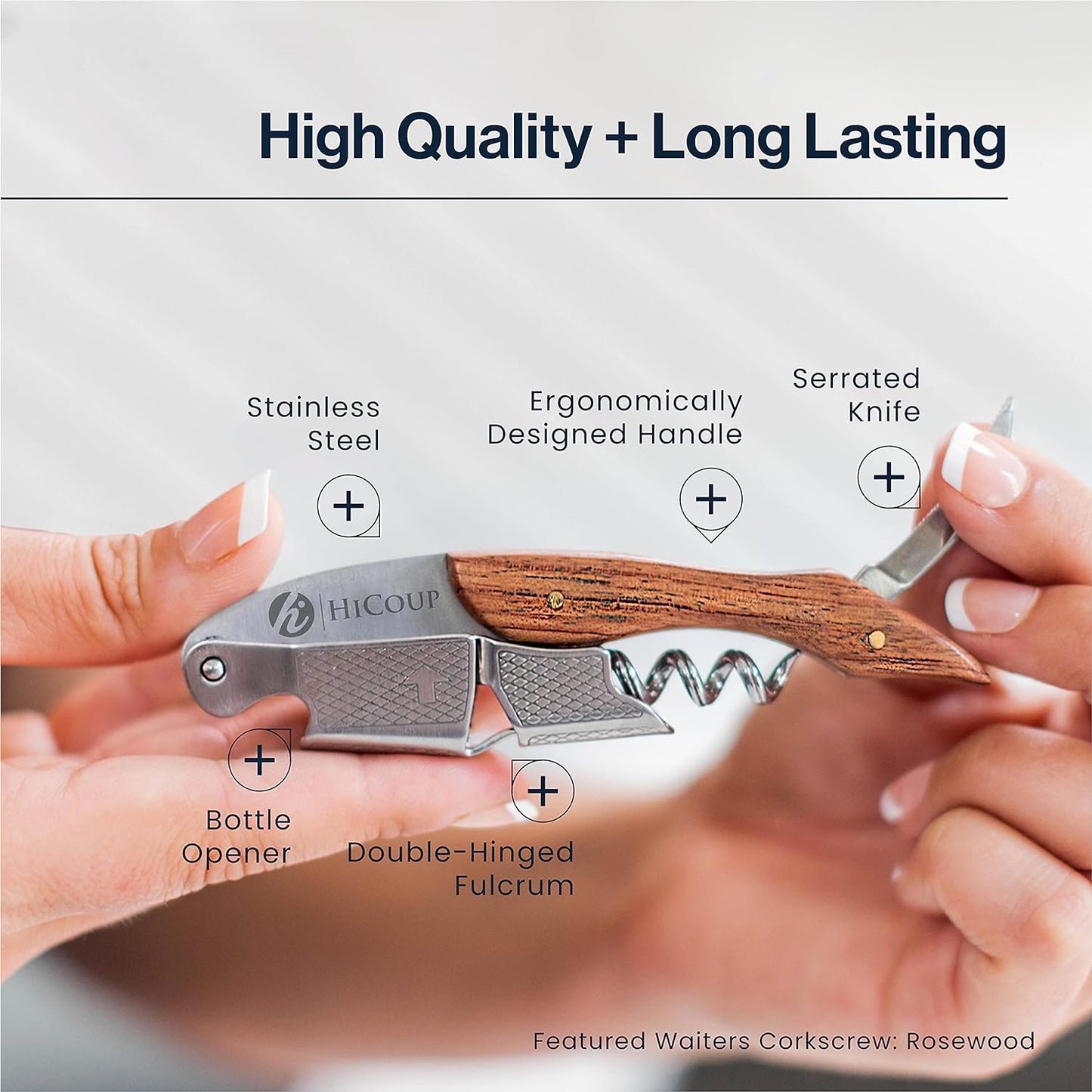 Hicoup Wine Opener - Professional Corkscrews for Wine Bottles w/Foil Cutter and Cap Remover - Manual Wine Key for Servers, Waiters, Bartenders and Home Use - Mahogany Wood