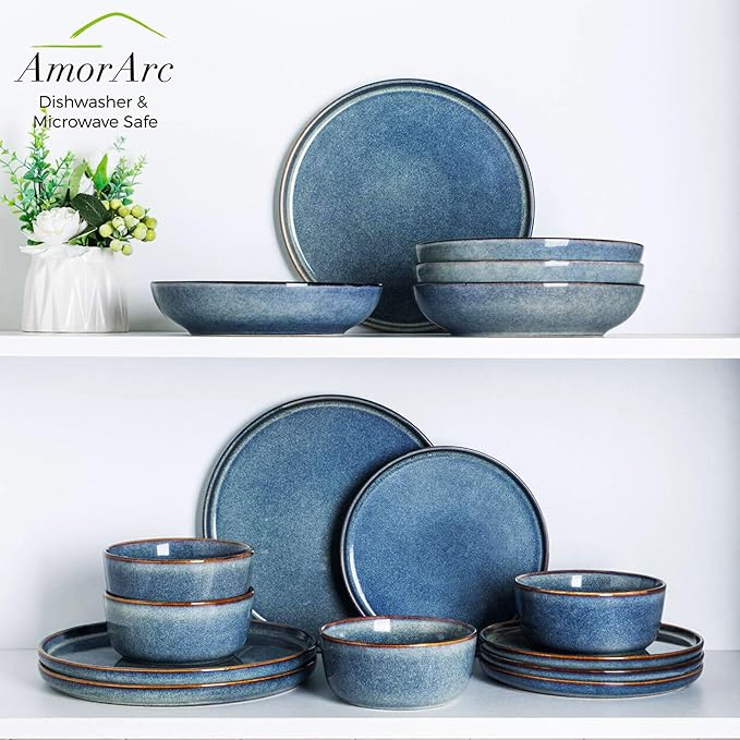AmorArc Ceramic Dinnerware Sets for 4,Round Reactive Glaze Stoneware Plates and Bowls Set,Highly Scrath Resistant Dishware | Dishwasher & Microwave Safe Dishes Set,Service for 4 (12pc)