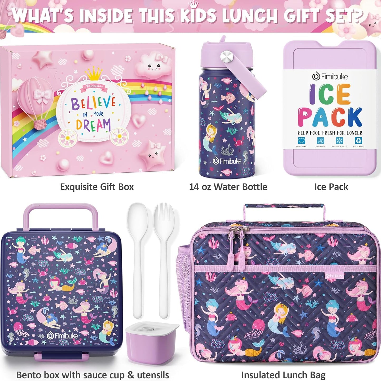Fimibuke Kids Bento Lunch Box with 4 Compartments, Insulated lunch Bag, Stainless Steel Insulated Water Bottle, Ice Pack & Utensils Set, Birthday Gifts for Ages 3-12 Back to School Toddler Girls Boys