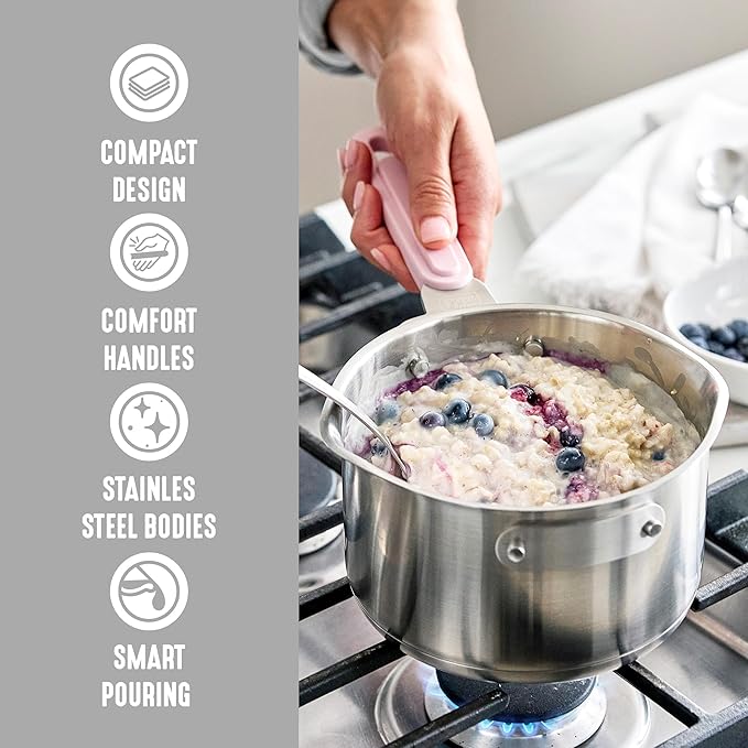 GreenLife 6 Piece Stainless Steel Cookware Set, Induction Kitchen Cooking Pots & Pans, Locking Lids, Built in Strainer, Drip-Free Pour Spouts, Silicone Handles, Saucepan, Stock Pot, Dishwasher Safe