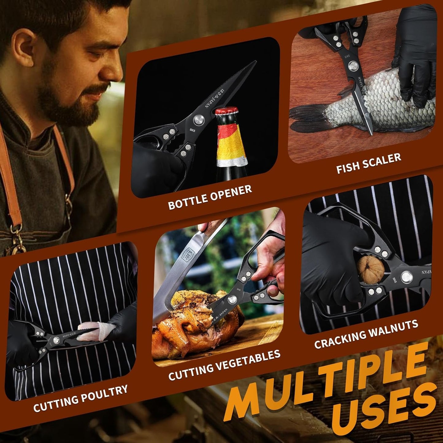 HUUSK Kitchen Scissors Set Black - Stainless Steel Kitchen Shears, Sharp Meat Scissors Dishwasher Safe, Heavy Duty Poultry Shears all Purpose, Japanese Cooking Scissor for Food, Chicken, and Turkey