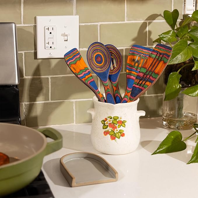 5pc Wood Cooking Utensils Set - Wooden Spoons for Cooking – Pakka Wood Utensils for Cooking and Serving – Comfortable Grip and Non Stick (Blue Rainbow)