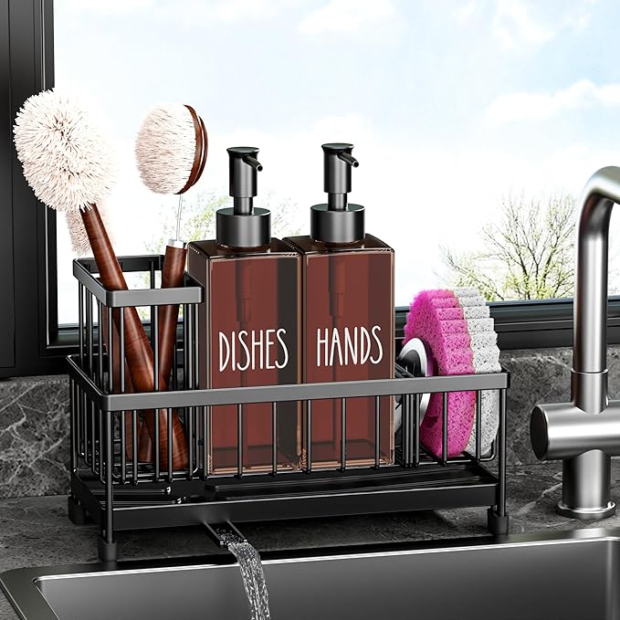 Cisily Dish Soap Dispenser, 12 fl oz Dual Kitchen Soap Dispensers with Sponge Holder, Plastic Pump Amber Glass Bottle Kitchen Soap Dispenser Set, Modern Hand and Dish Soap Bottle Set Removable