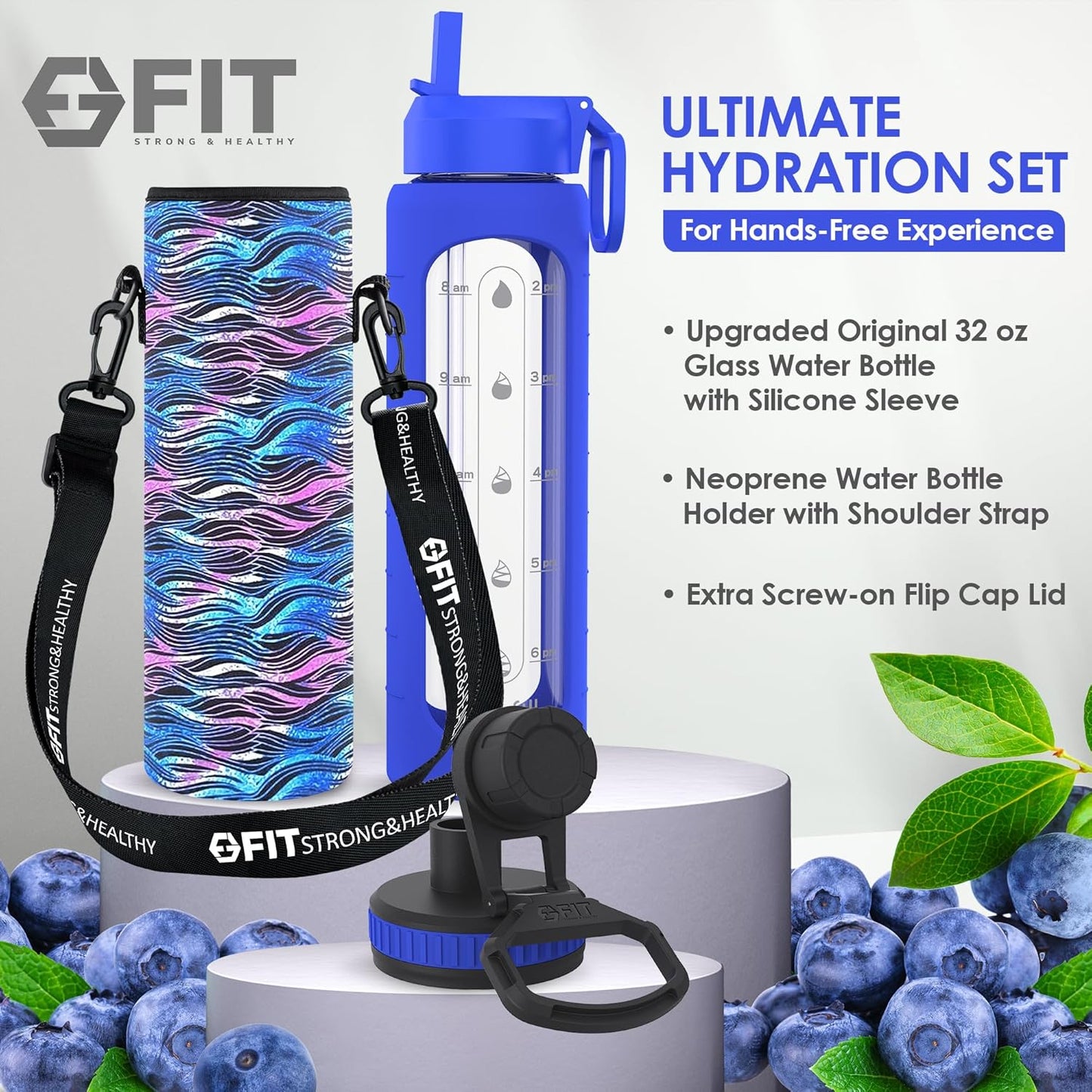 FIT Strong & Healthy 32 oz Glass Water Bottle with Straw Lid, Time Marker, Sleeve & Extra Lid - Motivational, Wide Mouth 1 Liter Glass Drinking Bottle