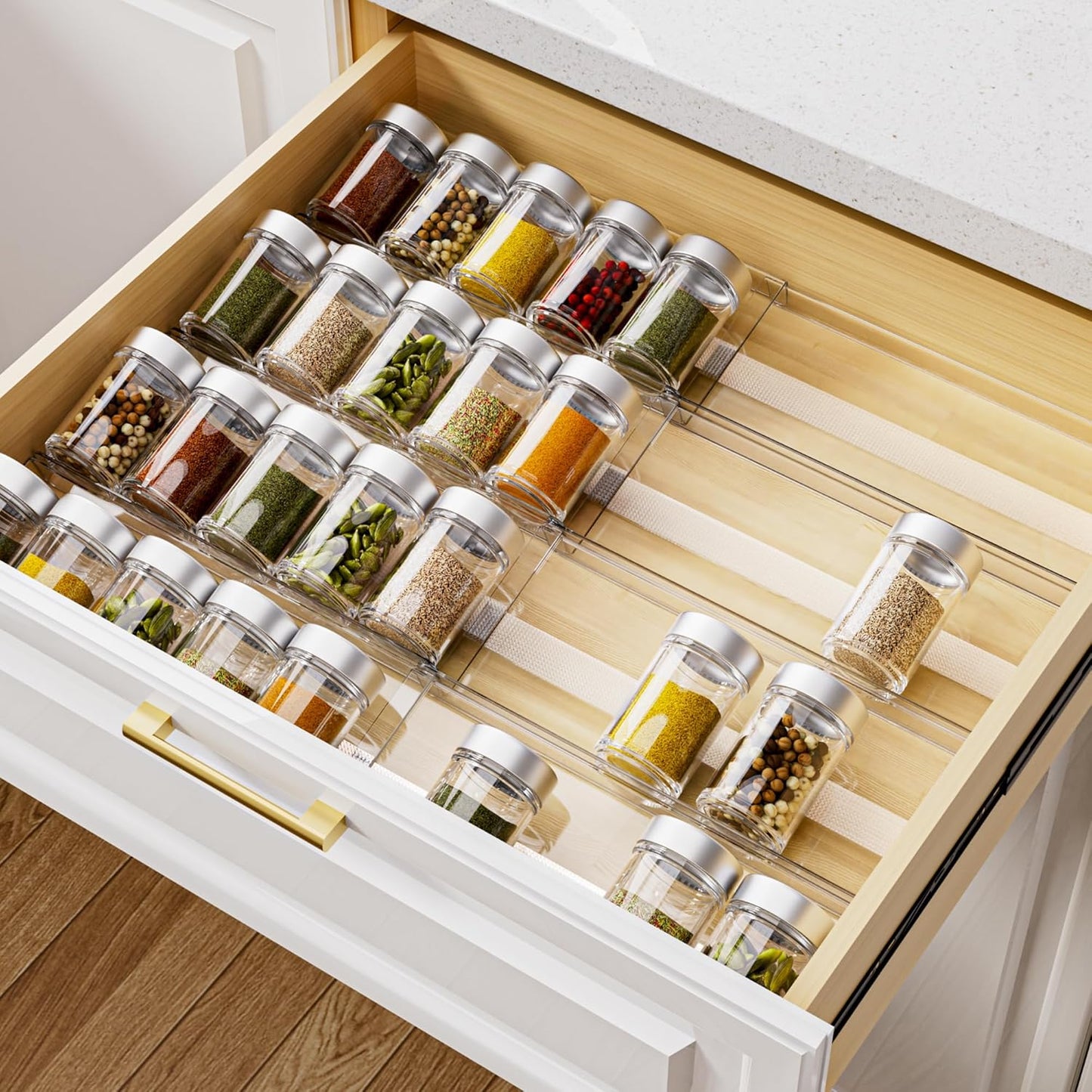MIUKAA Acrylic Spice Drawer Organizer, 4 Tier - 8 Pack Seasoning Organizer for Drawer, Expandable From 13" to 26" Kitchen Drawer Spice Rack with Slip-Proof Mat (Jars not Included)