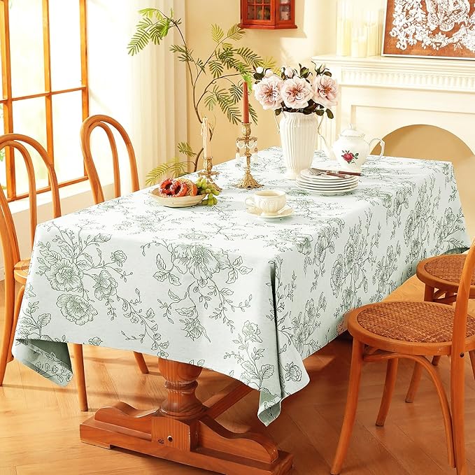Chassic Premium Vintage Farmhouse Damask Floral 60 x 104 inch Rectangle Table Cloth – Water Resistant Linen Textured Jacquard Tablecloth for Kitchen Dining & Picnic Decor - Green