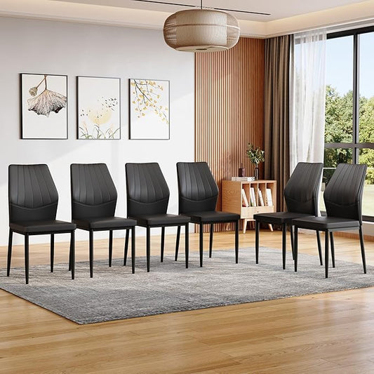 Black Dining Chairs Set of 6, Modern PU Leather Kitchen Chairs with Soft Cushion and Black Metal Legs, Waterproof and Easy to Clean, Armless Dining Chairs for Dining Room,Kitchen,Apartment