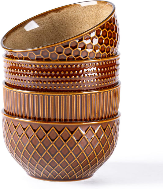 GBHOME Stoneware Cereal Bowls Set of 4, 24 oz Ceramic Soup Bowls with Texture Patterns for Soup,Oatmeal,Snack Perfect for Wedding, House-warming Gift - Caramel