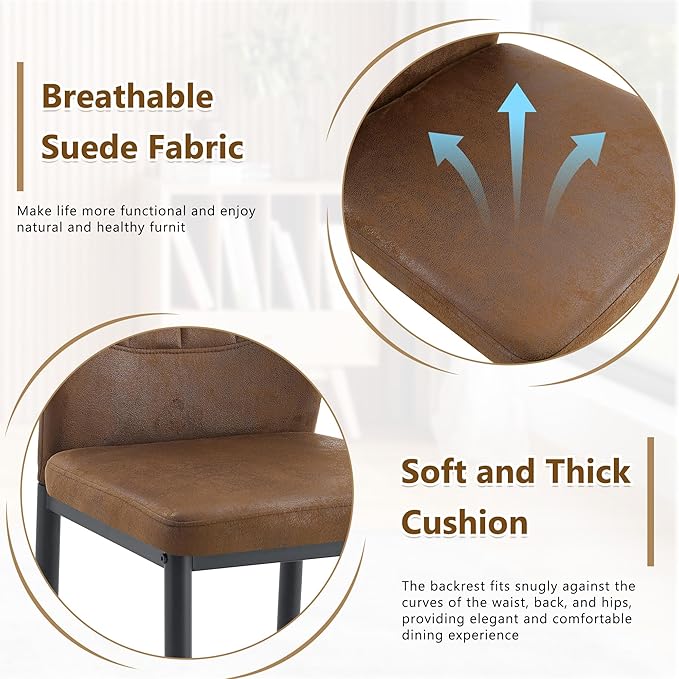 Brown Dining Chairs Set of 4,Rusic Farmhouse Upholstered Kitchen Chairs with Soft Cushion and Black Metal Legs,Mid Century Modern Dining Room Chairs,Easy to Assemble and Comfortable Seating