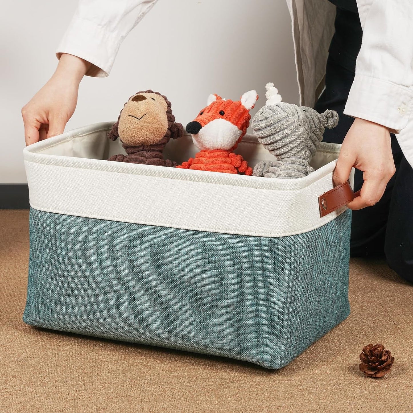 DULLEMELO Storage Baskets for Organizing,Rectangular Fabric Storage Bins with Handles for Office,Bedroom(3-Pack -15 inch X 11 inch X 9.5 inch, White&Dark Green)