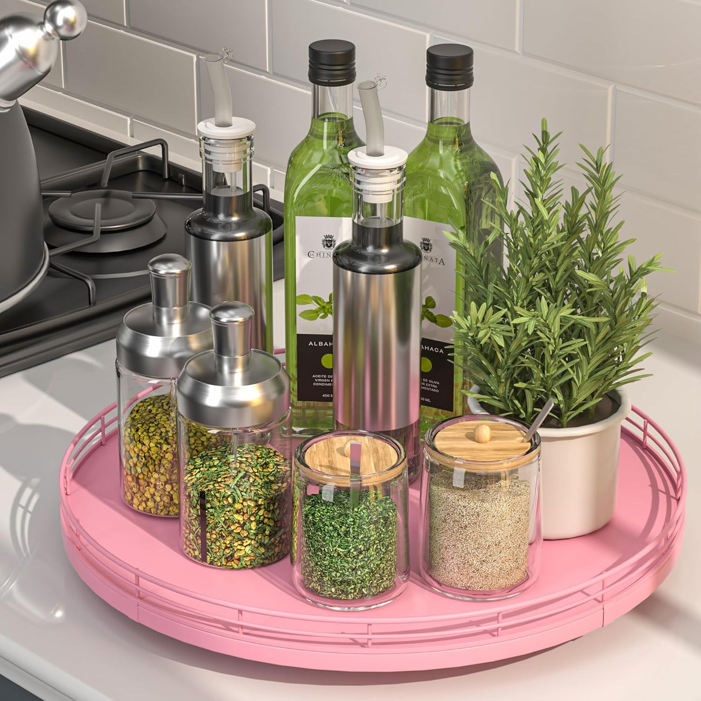 13" Oak Wood Lazy Susan Organizer, Lazy Susan for Cabinet Dining Table Pantry Wood Turntable Organizer Tray for Coffee Table Kitchen Countertop Spinning Spice Can Organization and Storage Round Pink