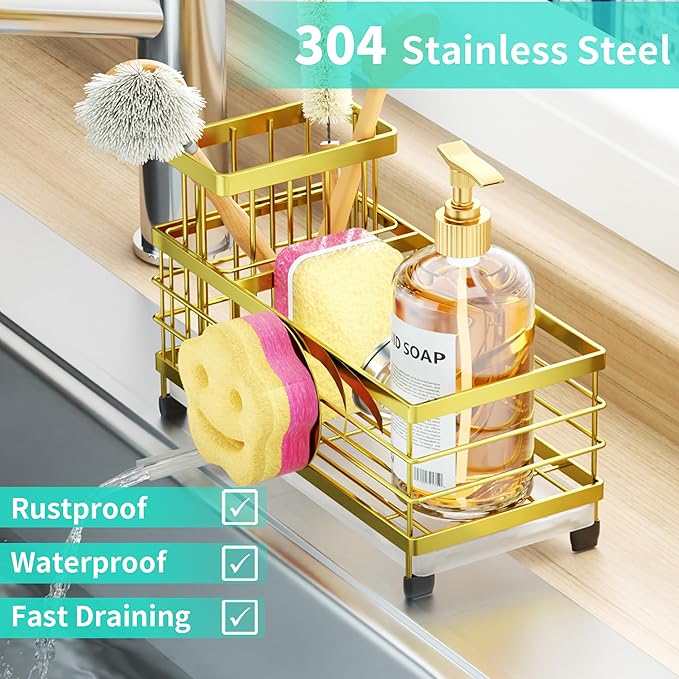 HapiRm Sink Caddy Sponge Holder - Self-draining Kitchen Sink Organizer with Smiley Face and Brush Holder, Stainless Steel Kitchen Organizer for Countertop - Gold