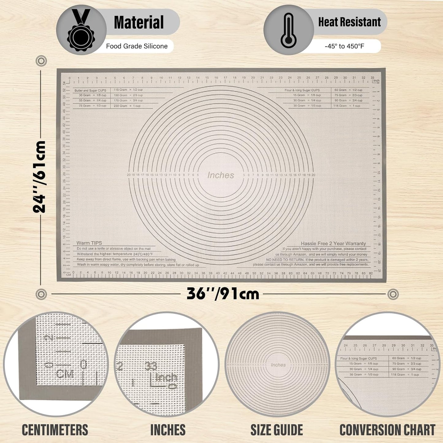 Silicone Pastry Mat 36x24 Inch - Nonstick Baking Mat Perfect for Dough, Pastry, Pie Crust, Fondant, Bread, Cookies, Pasta, Pizza