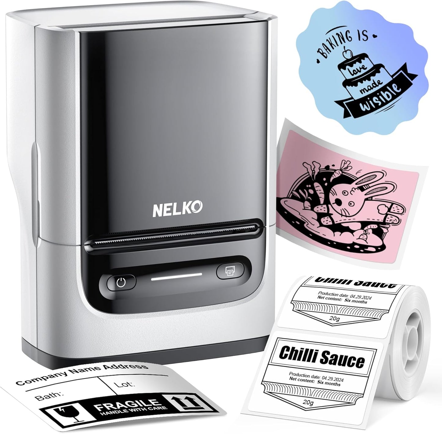 Nelko Label Maker Machine with Tape, PM220 Bluetooth Label Printer, 2 Inch Portable Thermal Printer for Small Business, Address, Logo, Clothing, Sticker Printer for iOS, Android & PC, White