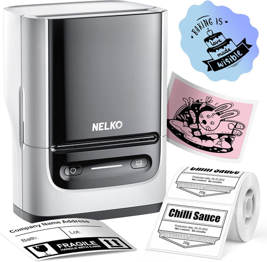 Nelko Label Maker Machine with Tape, PM220 Bluetooth Label Printer, 2 Inch Portable Thermal Printer for Small Business, Address, Logo, Clothing, Sticker Printer for iOS, Android & PC, White