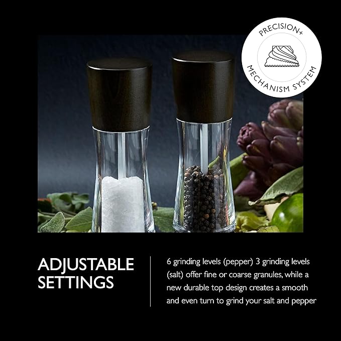 Cole & Mason H332293 Derwent Black Wood Salt and Pepper Mills, Gourmet Precision+, Adjustable Grind, Stained Beech/Acrylic, 190 mm, Gift Set, Includes 1 Salt and 1 Pepper Grinders