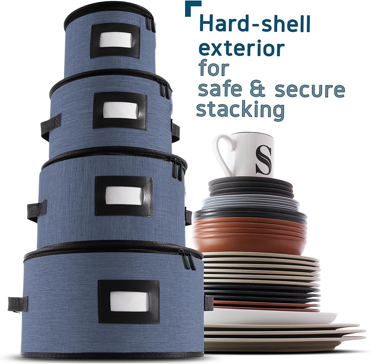 Fine China Storage Containers Hard Shell, 4 Piece Dish Storage Containers, Quilted Plate Containers, Stackable Dish Organizer with Dividers, Dinnerware Storage for Moving and Seasonal Storage, Blue