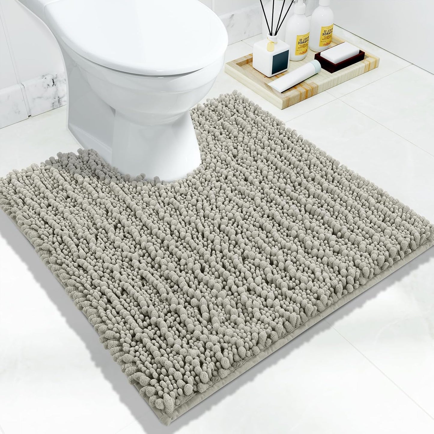 Yimobra Toilet Rug U Shaped Washable 24x20 Inch - Ultra Soft Absorbent Chenille Bath Rugs for Toilet, Quick Dry & Machine Washable, Non Slip Contour Bathroom Mat, Sand