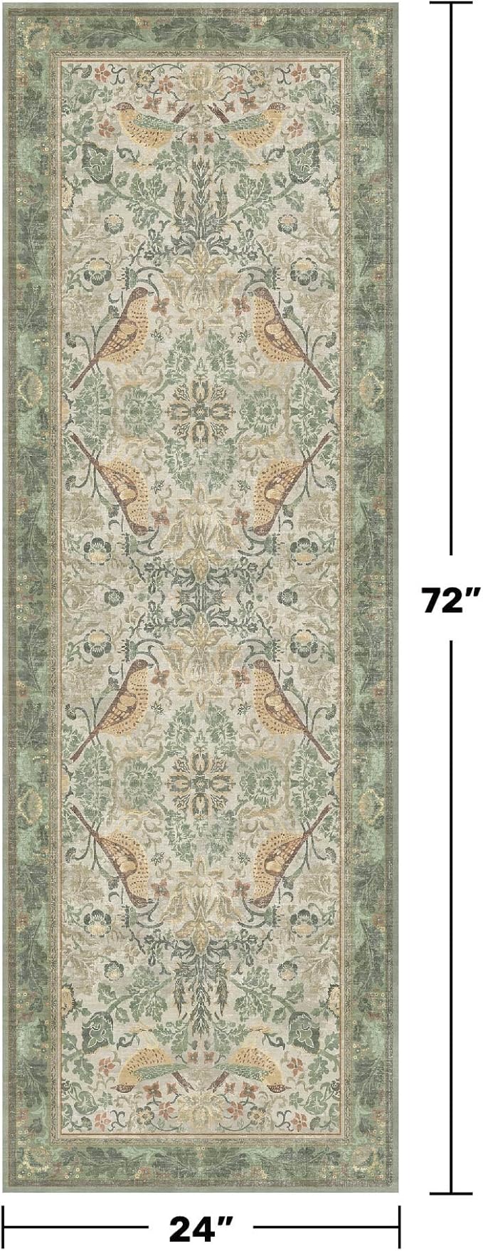 Boho Long Bathroom Runner Rug 2x6 - Floral & Bird Runner Rug for Kitchen Floor, Hallway, Laundry Room, Bedroom, Entrance, Sage Green Vintage Decor, Washable Non Slip Low Pile - Light Green