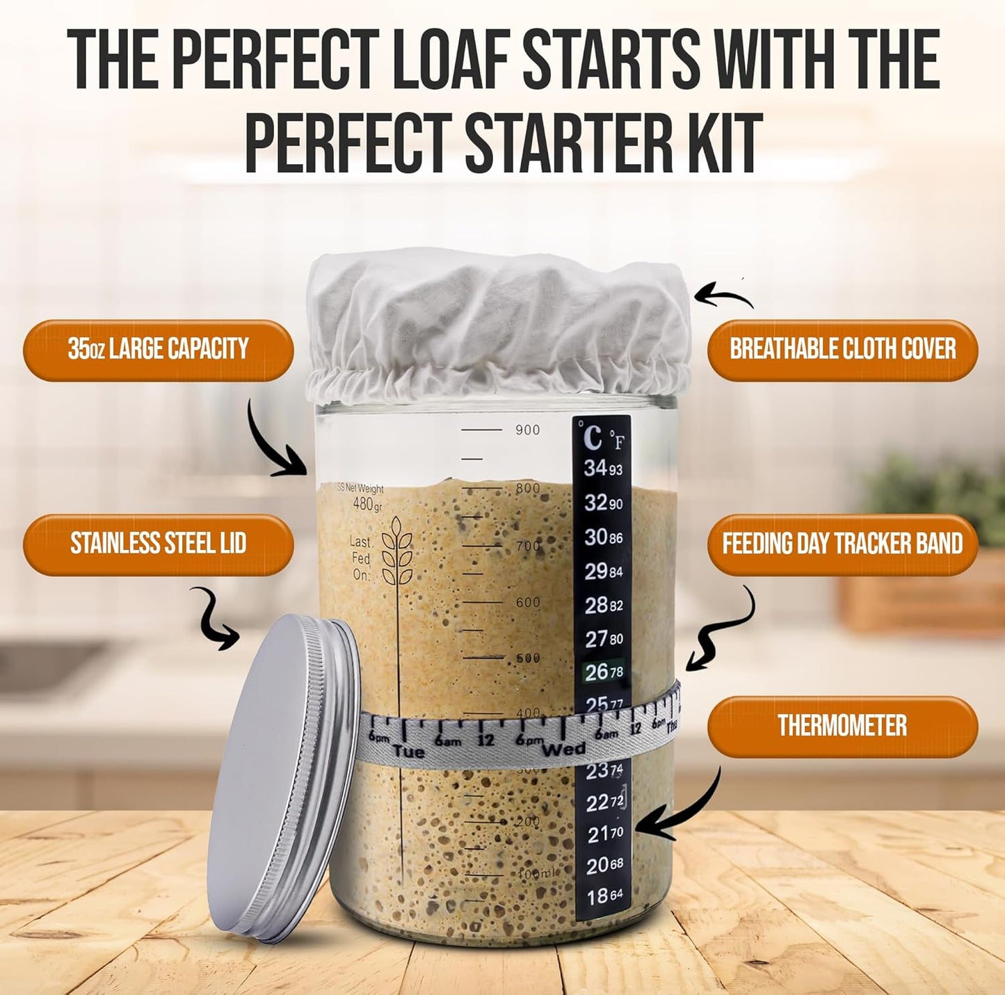 Sourdough Starter Kit - 34oz Large Capacity Glass Fermentation Jar with Lid, Silicon Spatula, and Measuring Spoons - Beginner Sourdough Starter Kit, Sourdough Bread Baking Supplies, Fermentation Kit