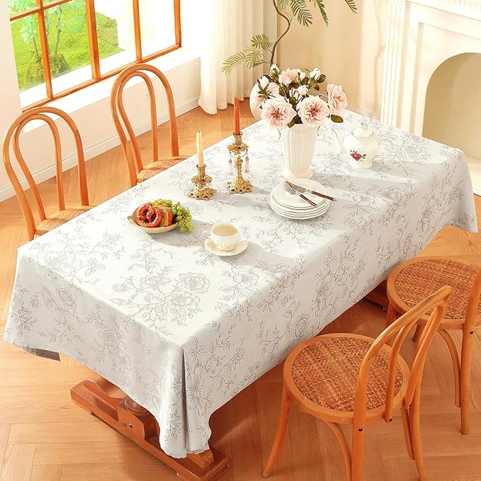 Chassic Premium Vintage Farmhouse Damask Floral 52 x 70 inch Rectangle Table Cloth – Water Resistant Linen Textured Jacquard Tablecloth for Kitchen Dining & Picnic Decor - Beige