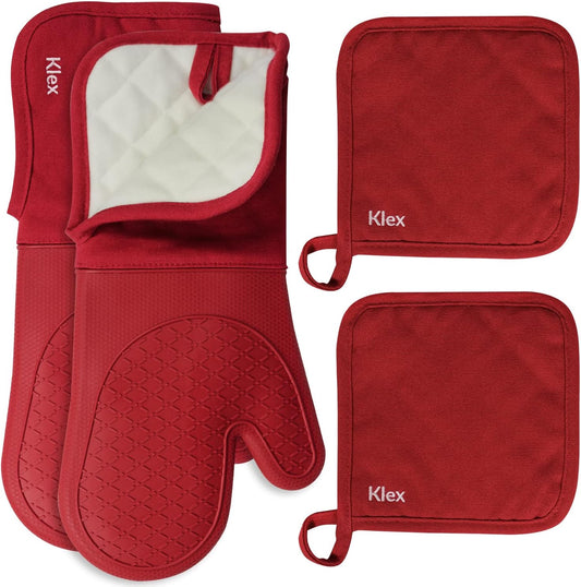 Klex Extra Long Silicone Oven Mitts and Pot Holders, 932°F Degrees Heat Resistance with Quilted Liner Oven Gloves and Hot Pads, 4 Piece Set, 15 inch, Red
