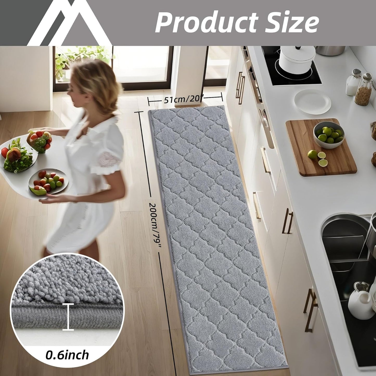 COSY HOMEER Soft Kitchen Floor Mats for in Front of Sink Super Absorbent Kitchen Rugs and Mats 20"x79" Non-Skid Kitchen Mat Standing Mat Washable,Polyester,Grey
