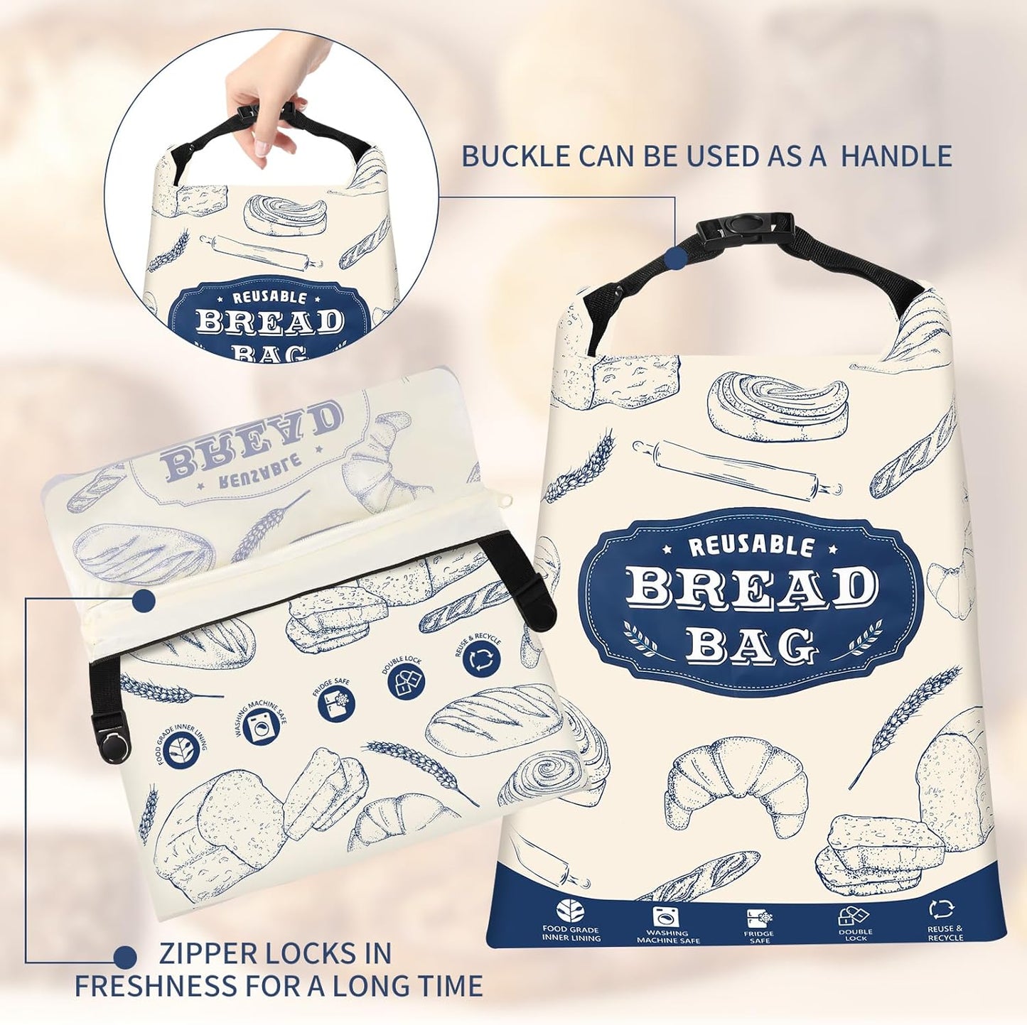 Bread Bags, 2 Packs Bread Bags for Homemade Bread, Reusable Zipper Sourdough Storage Bags for Keeping Loaf Fresh(Large, 16.5"*12.5")