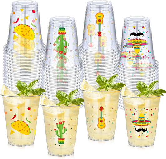 meekoo 200 Pack 12 oz Fiesta Cups Plastic Mexican Cups Clear Disposable Mug Cinco De Mayo Party Decorations for Fiesta Taco Birthday Party Drinkware Supplies, 4 Styles