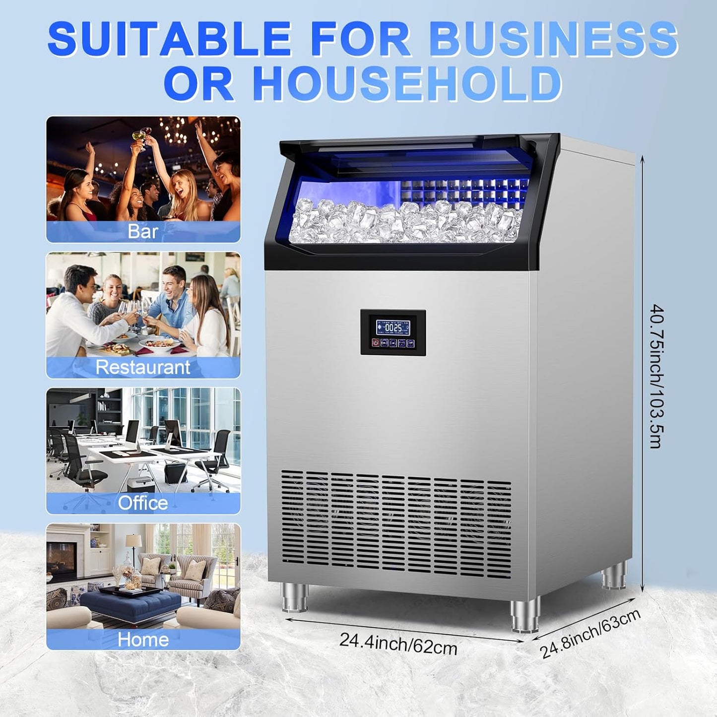 Commercial Ice Maker Machine 350Lbs/24H, 126pcs Ice Cubes Under Counter Ice Machine with Water Line and Filter, Freestanding Ice Maker Machine with 150Lbs Storage ice Bin for Home/Shop/Office/Bar