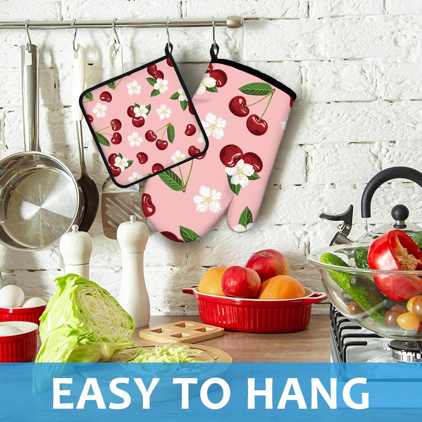 Cherry Oven Mitts and Pot Holders Sets Heat Resistant 4Pcs White Flower Potholders Oven Gloves Hot Pads for Kitchen Baking Cooking Grilling BBQ