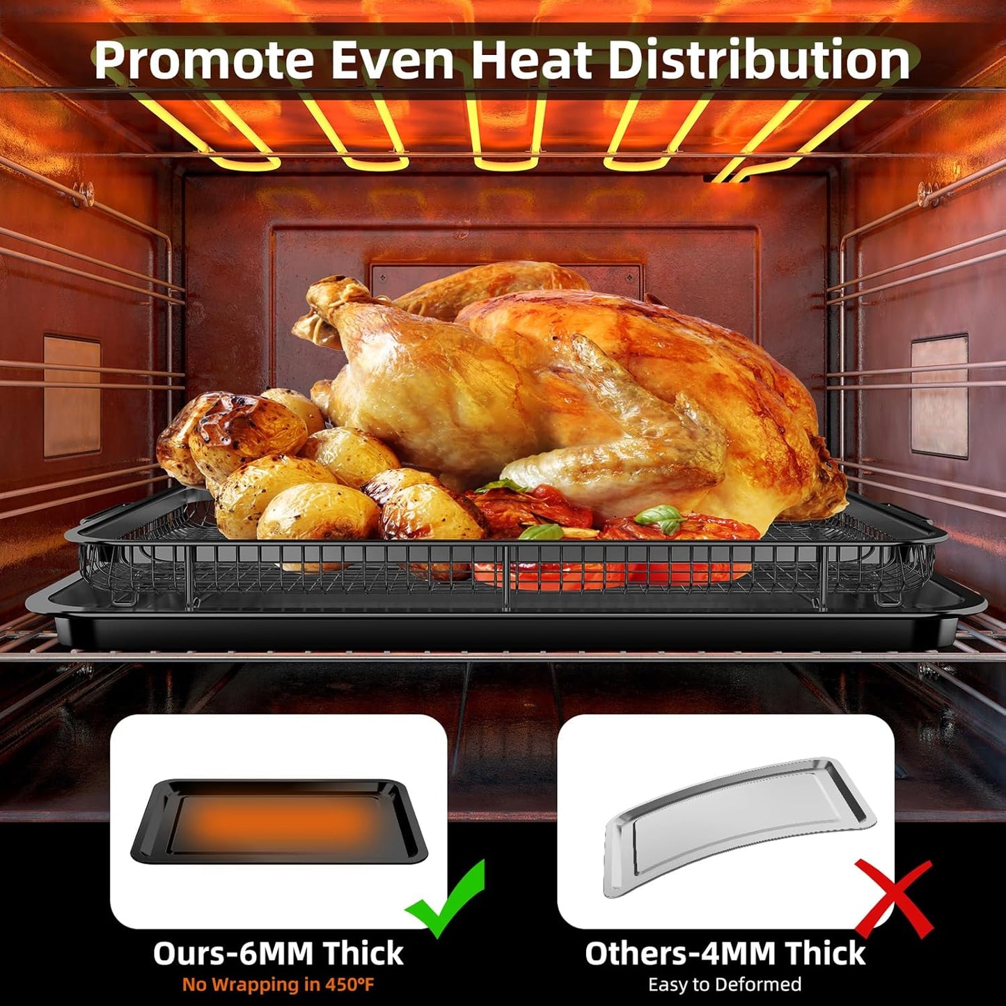 Air Fryer Basket for Oven, OPENICE 18.6" x 12.8" Air Fryer Basket and Tray Set, Extra Large Stainless Steel Air Fryer Pan Crisper Tray for Crisping Fried, Chicken, Bacon - Black