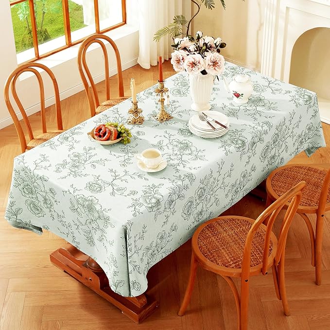 Chassic Premium Vintage Farmhouse Damask Floral 52 x 52 inch Square Table Cloth – Water Resistant Linen Textured Jacquard Tablecloth for Kitchen Dining & Picnic Decor - Green