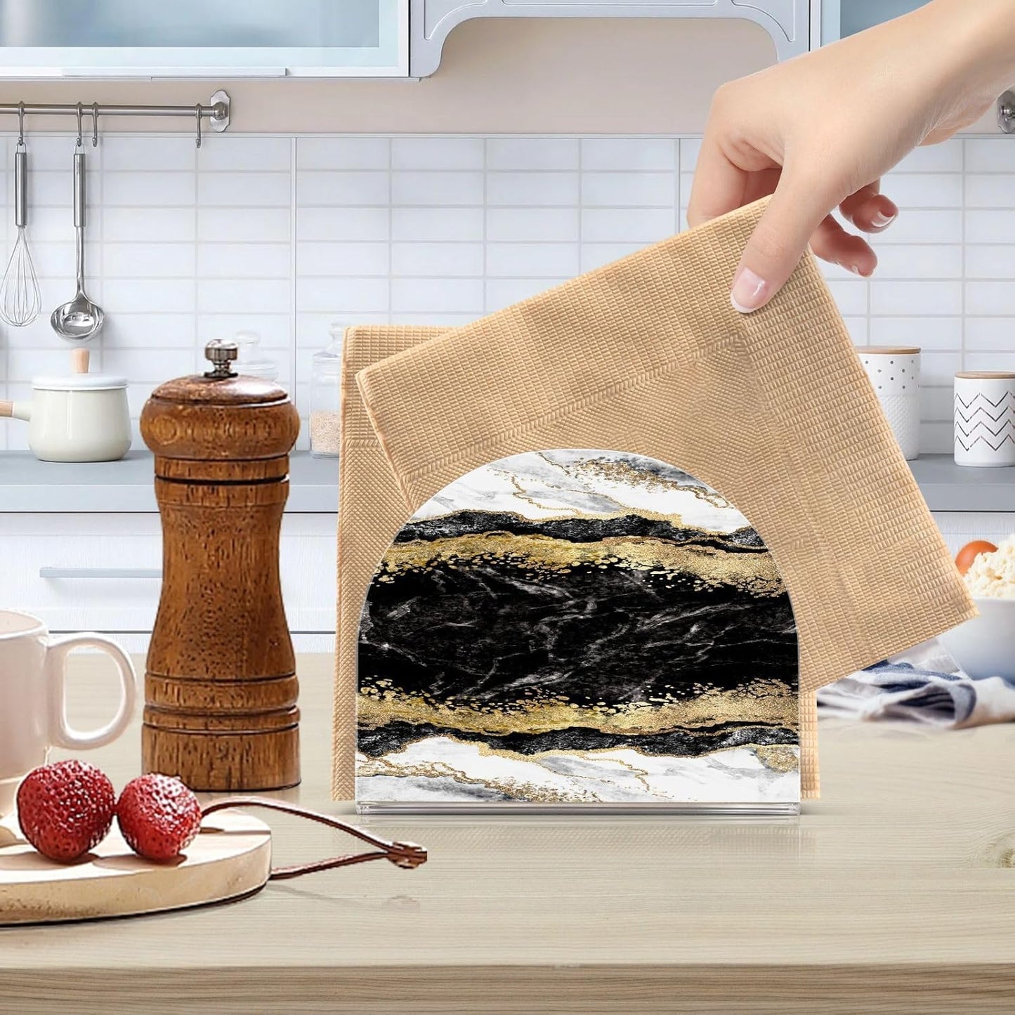 Black White Marble Gold Veins Napkin Holder for Table Paper Napkins Holder Acrylic Tissue Dispenser Kitchen Dining Room Bathroom Party Car Decor