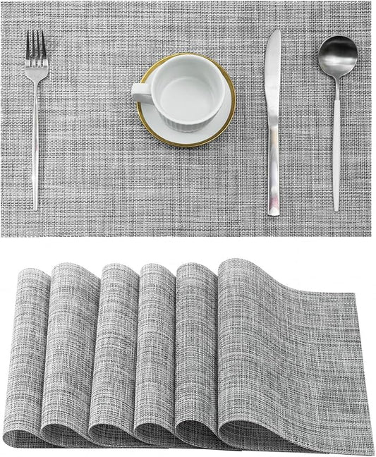 Leetaltree Linen Grey Placemats Set of 6 - Heat Resistant Non-Slip Place mats for Dining Table, Washable Durable PVC Vinyl Woven Table Mats（Linen Grey, 6）