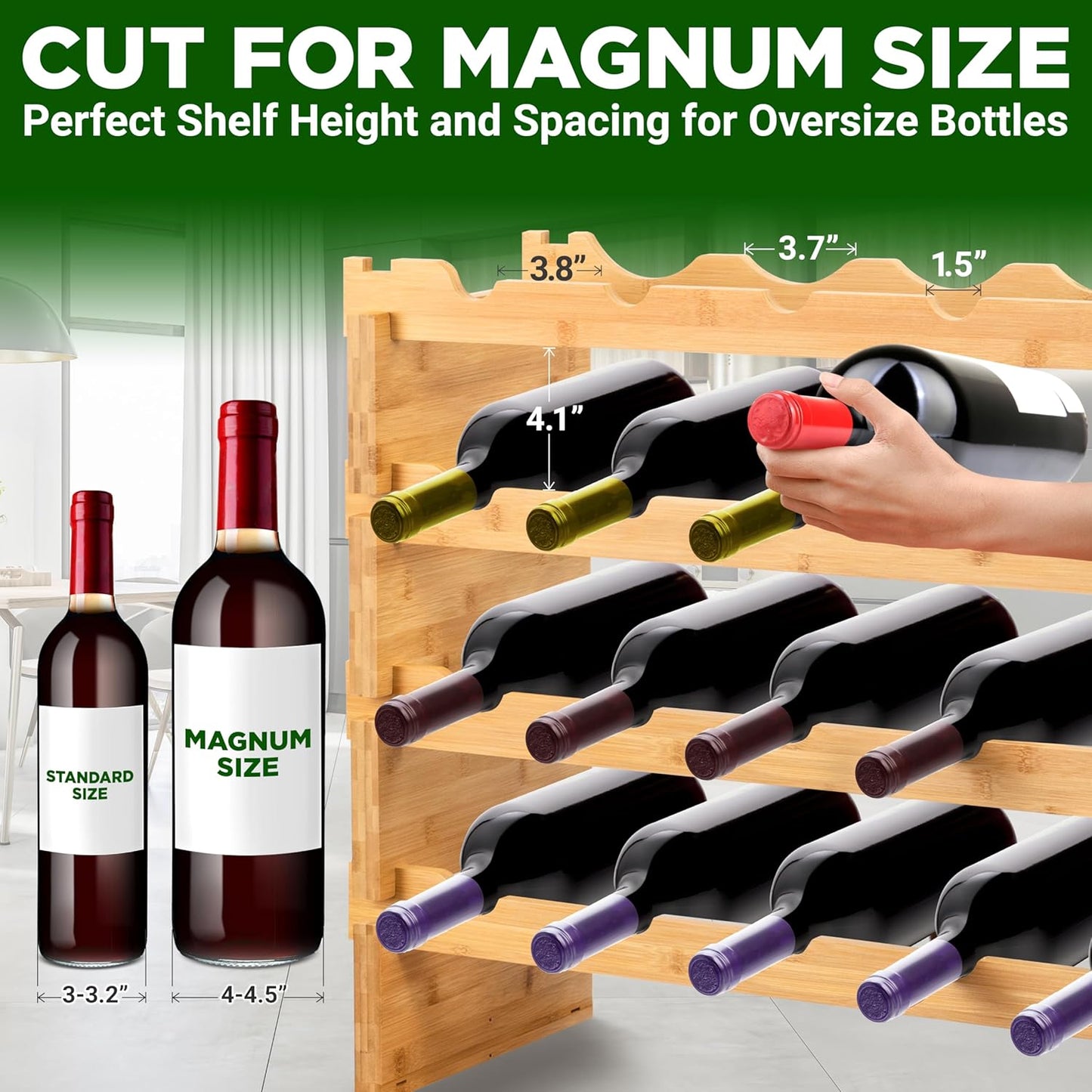 4 - Tier 24 Bottle Bamboo Stackable Wine Rack - Wobble-Free Modular Liquor Display Shelves, Compatible for Magnum Size Bottles | Can Hold up to 220.5 lbs (Natural)