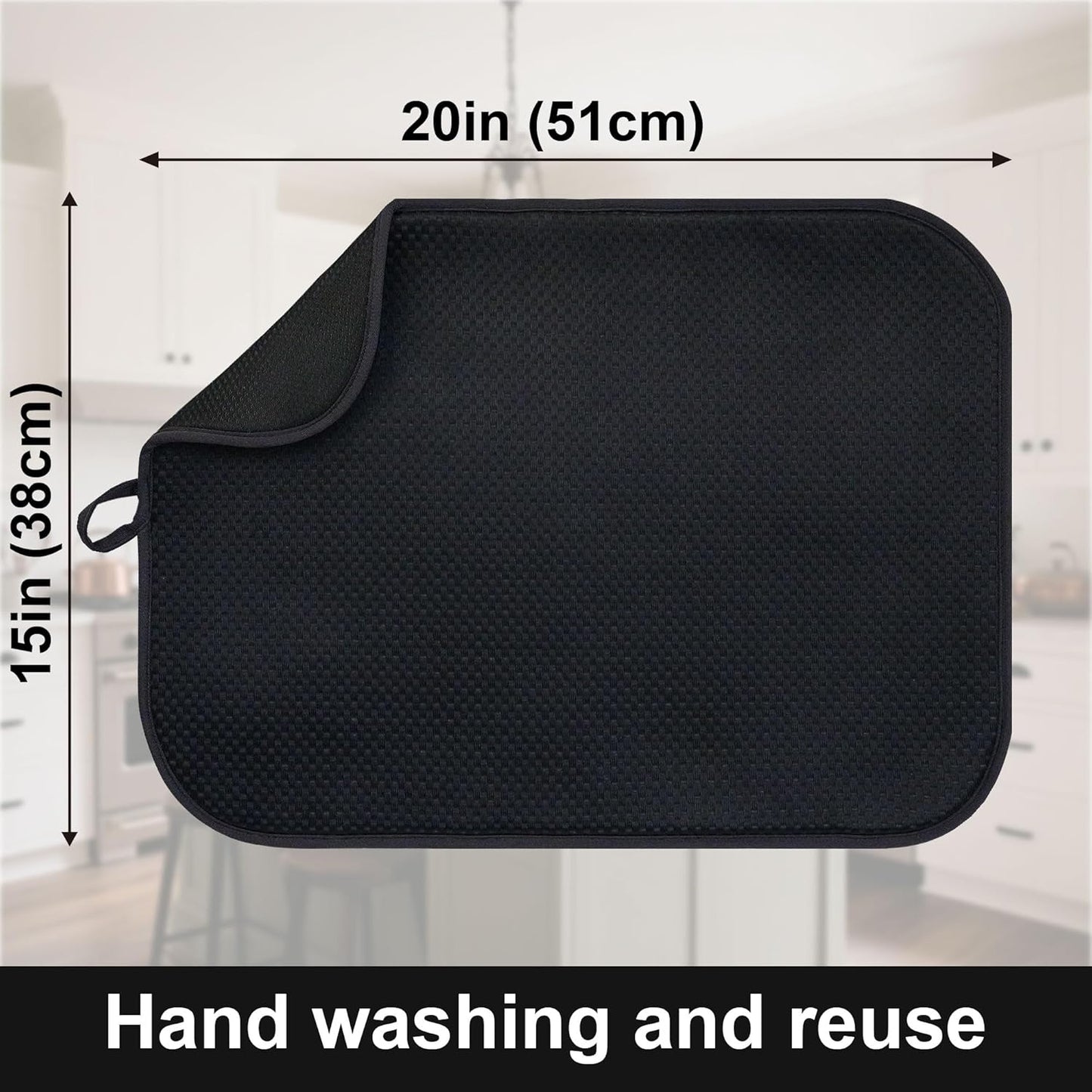 Black Dish Drying Mats 20" x 15", XL Kitchen Drying Mat for Counter, Microfiber Dish Dryer Mat, Microfiber Dish Rack Mat, Foldable Dish Drying Pad for Dishes, Pots, Pans (Black)