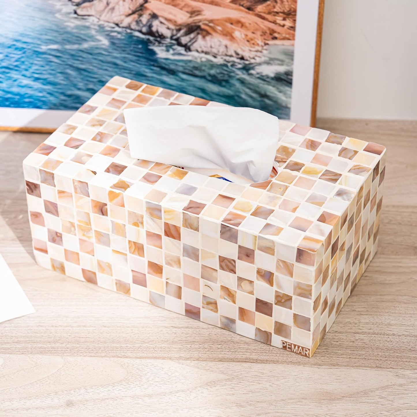 PEMAR Rectangular Mother of Pearl Tissue Box Capiz Shell Handmade Rectangle Tissue Box Cover Holder Decorative Napkin Dispenser Organizer Rustic Farmhouse Vintage Decor (Brown Checkered)