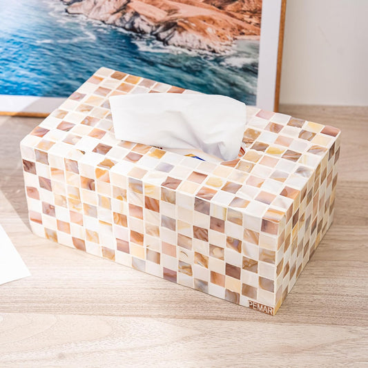 PEMAR Rectangular Mother of Pearl Tissue Box Capiz Shell Handmade Rectangle Tissue Box Cover Holder Decorative Napkin Dispenser Organizer Rustic Farmhouse Vintage Decor (Brown Checkered)
