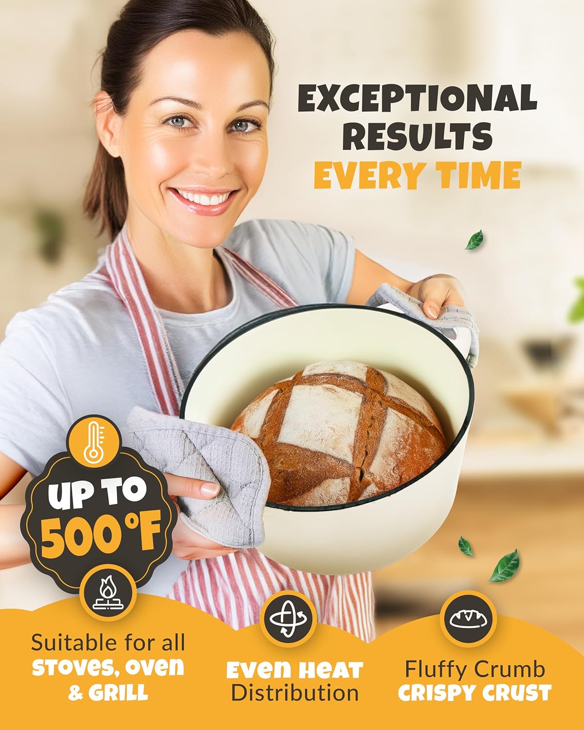 Dutch Oven for Bread Baking - incl. Sourdough Bread-Baking Supplies like Banneton Bread-Proofing Basket - 5QT Enameled Cast Iron Bread-Oven with Lid, Baking Pan, Scoring Tool Lame