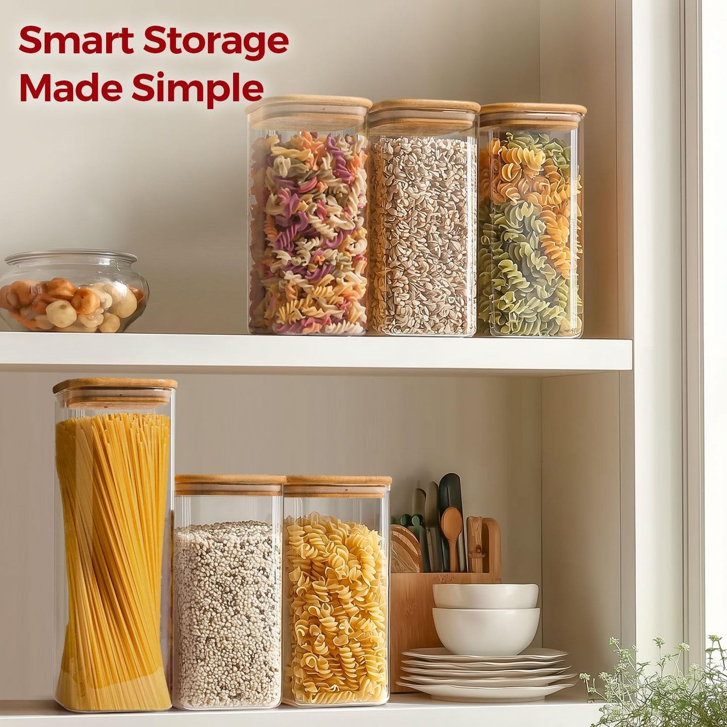 Airtight Glass Storage Canister with Lids, Kitchen Pantry Storage Jar with Labels, Food Storage Container for Sugar Tea Coffee Beans Snacks (2 pack 1.6qt)