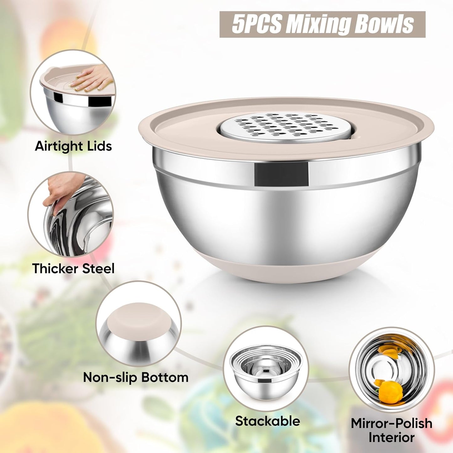 E-far Stainless Steel Mixing Bowls with Lids Set, 5-Piece Nesting Salad Bowls with 3 Grater Attachments and Non-Slip Bottoms, Size 4.6, 2.6, 2, 1.5, 1QT for Kitchen (Khaki)