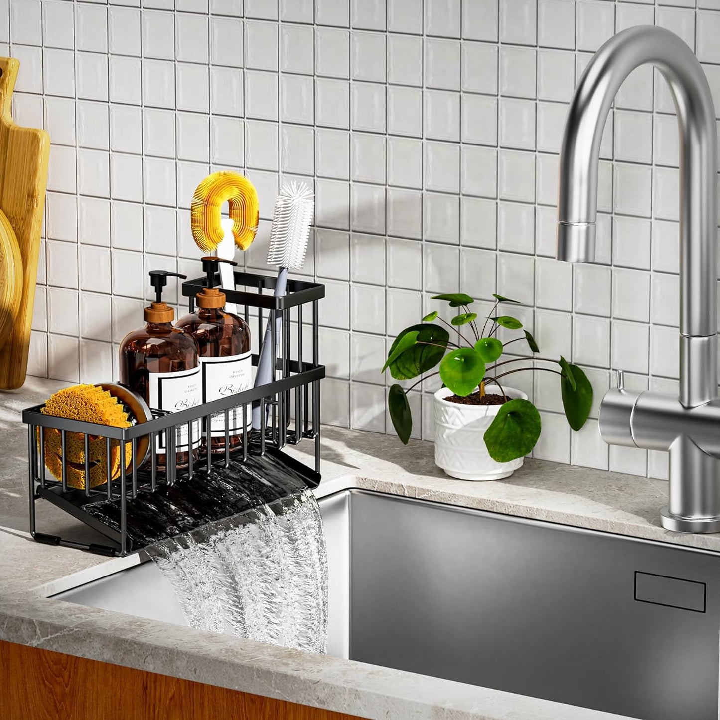 Cisily Extra Large Kitchen Sink Caddy Organzier with High Brush Holder, Sponge Holder for Sink, 304 Rustproof Stainless, Kitchen Countertop Soap Dispenser Organizer For Decor and Accessories