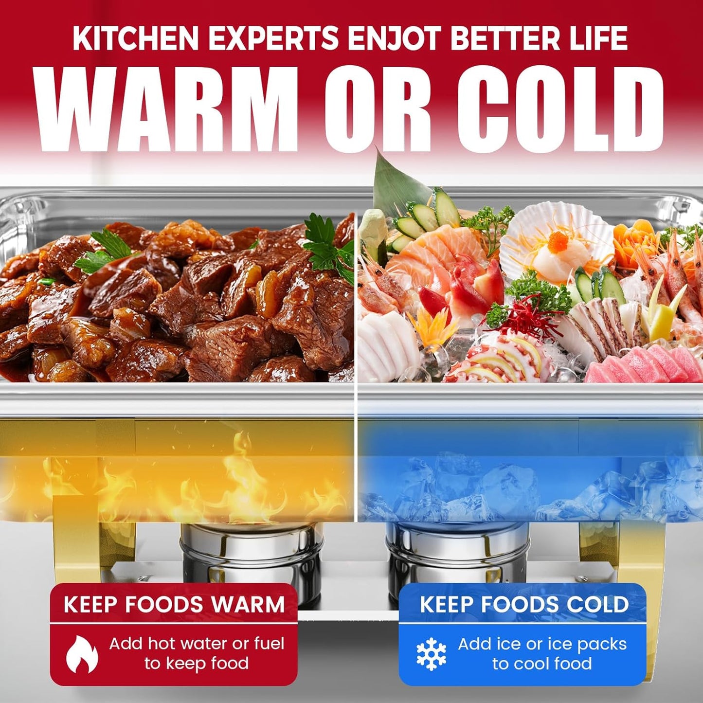 Chafing Dish Buffet Sets of 2, 8QT Stainless Steel Rectangular Chafers and Buffet Warmer Sets for Catering, with Food & Water Pan, Lid, Gold Foldable Frame, Fuel Holder for Event Party Holiday