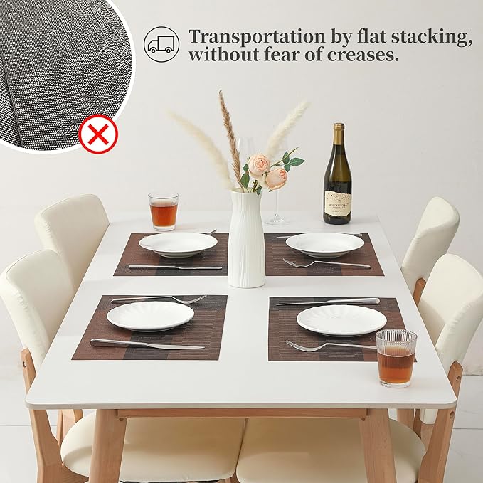 Leetaltree Brown with Black Striped Placemats Set of 6 - Heat Resistant Non-Slip Place mats for Dining Table, Washable Durable PVC Vinyl Woven Table Mats（Brown Stripe, 6）
