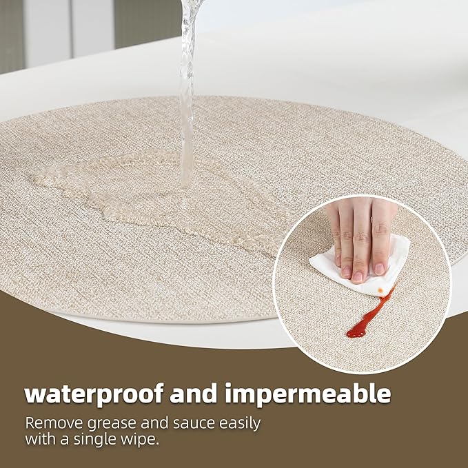 Beige Round Placemats Set of 6 Dual Sided Faux Leather Place Mats Indoor Placemats for Dining Table Outdoor Placemats Waterproofing Non-Slip Washable Table Mats 14 inch