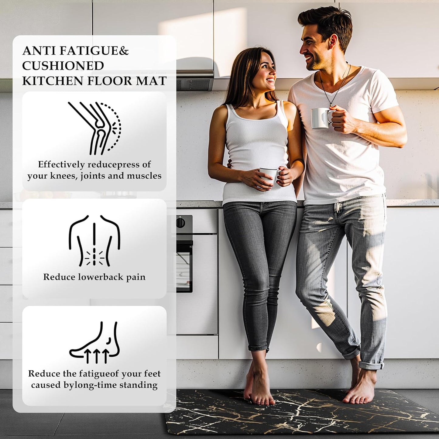 Gold Foil Stamped Marble Kitchen Mats for Floor 2PCS Cushioned Anti Fatigue Non Slip Waterproof Comfort Leather Kitchen Rugs 2/5 Inch PVC Kitchen Mats for Sink, Laundry, 17.3"x28"+17.3"x47", Black